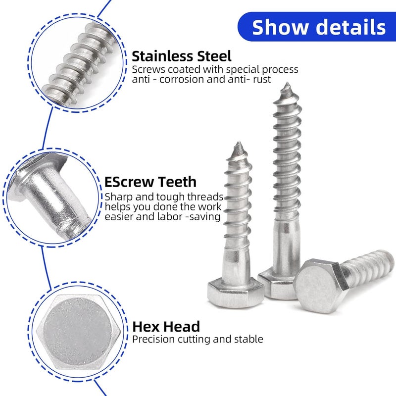 Instockbolts 1/4 X 1-1/2" Hex Head Lag Screws Bolts, 304 Stainless Steel 18-8, Hexagon Head Wood Screws Hex Lag Screws, Pack of 20 - Image 4